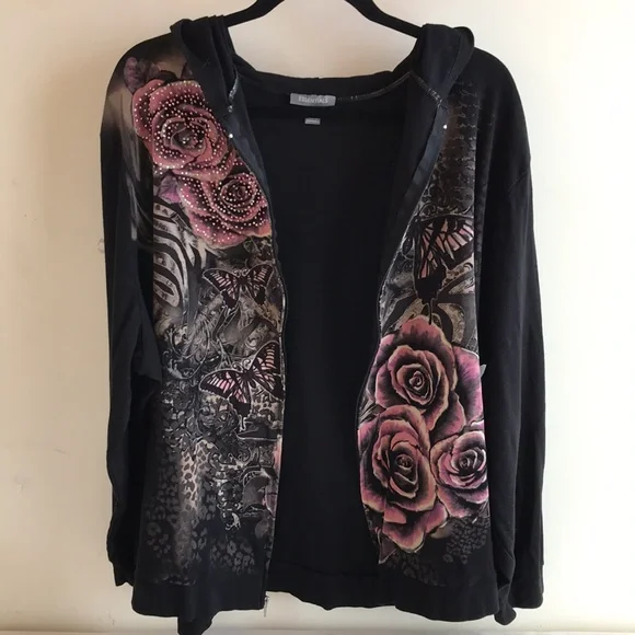 Essentials Sz 4X hoodie zip front Y2K graphic roses Butterflies crystals black - Picture 13 of 14